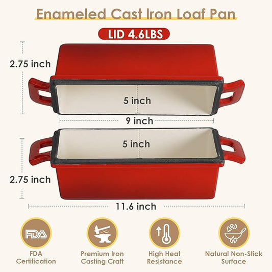 2 in 1 Enameled Cast Iron Loaf Pan with Lid, 9×5 Inch Bread Baking Pans for Homemade Bread, Pre-Seasoned Loaf Pan Bread Pan with Sourdough Bread Baking Supplies (2 PCS)