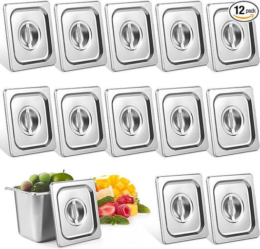 12 Pcs Notched Hotel Pan Cover Stainless Steel 1/6 Size Food Pan Lids with Handle Steam Pan Covers for Restaurant Hotel Commercial Food Storage Containers Covers
