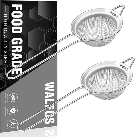 Walfos Small Fine Mesh Tea Strainer, Mini Stainless Steel Sieve with Handle, 2.7 Inch Kitchen Metal Sifter Strainers for Tea, Juicing, Coffee, Cocktail, Powdered Sugar, Matcha (2 Pack)
