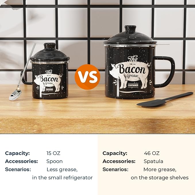 PGYARD Mini Bacon Grease Container With Strainer - 15OZ Enamel Grease Saver, Farmhouse Bacon Grease Keeper For Kitchen Fat Storage, Dishwasher Safe-Black