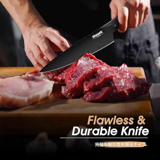 Huusk Japan Knife, AUS 8 Stainless Steel Japanese Chef Knife 8" Black Titanium Coated Blade Ergonomic G10 Handle with Sheath, Cool Gyuto Knife