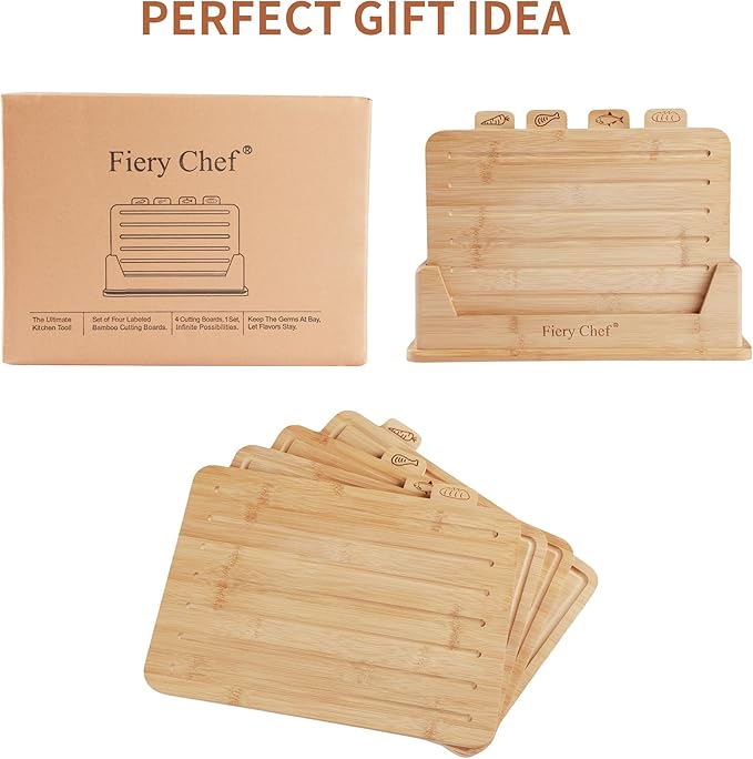 14.56"L x 11"W Bamboo Cutting Board Set of 4 - Wood Cutting Board Set with Holder, Chopping Boards Set with Food Icons, Juice Groove - Ideal for Meat, Fish, Bread, Vegetable, Fruit Chopping