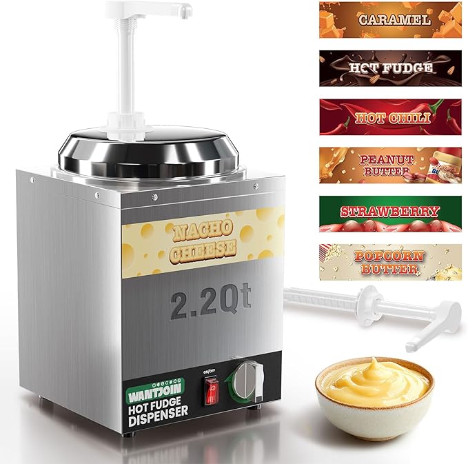 WantJoin Nacho Cheese Dispenser with Pump - 2.2Qt Nacho Cheese Warmer, Commercial Hot Fudge Dispenser W/5-Level Temperature Adjustment for Stainless Steel Hot Fudge Warmer, Cheese Caramel