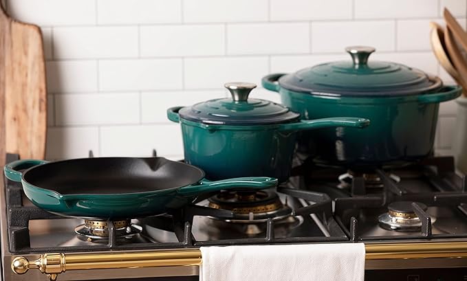 Larder & Vine 9 Piece Enameled Cast Iron Cookware Set, Oven Safe and Compatible with all Cooktops – includes 3.6 Qt Braiser, 5.7 QT and 8 QT Dutch Ovens, 10.25in Skillet and 2.2 QT Saucepan (Bondi)