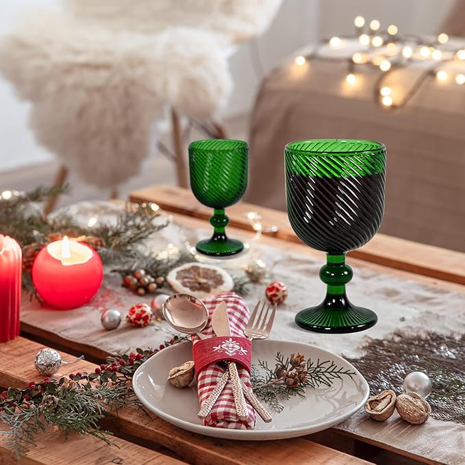 Vintage Wine Glasses Set of 6, 12 OZ Christmas Green Glass Water Goblets, Embossed Floral Decorative Crystal Glass Cups Set, Dishwasher Safe, for Wedding, Party, Red Wine Glass, Bars, Restaurants