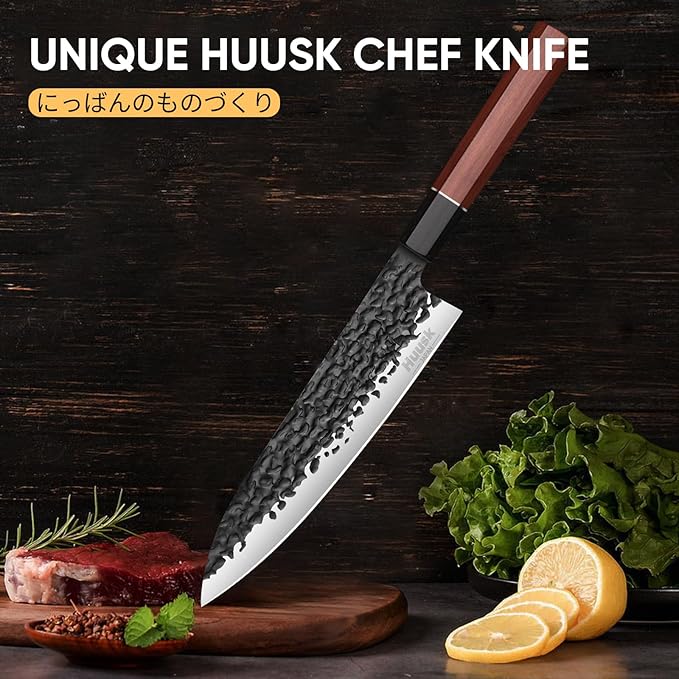 Huusk Japanese Gyuto Chef Knife - 8" Hand Forged Knives, 3 Layers 9CR18MOV High Carbon Kitchen Knife, Professional Sharp Cooking Knives with Ergonomic Handle for Meat, Vegetables, Fish