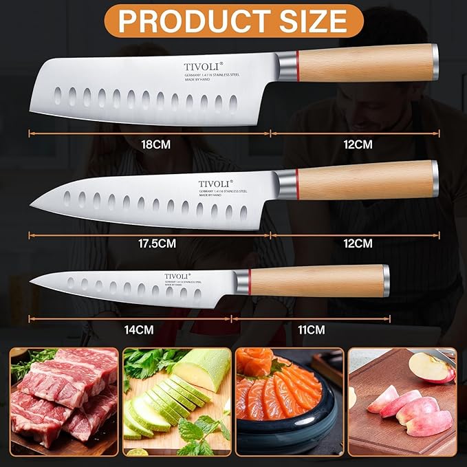 TIVOLI Chef Knife Set, 3 PCS Professional Kitchen Knife Set, High Carbon German Stainless Steel Blades with Ergonomic Wooden Handles, Elegant Gift Box
