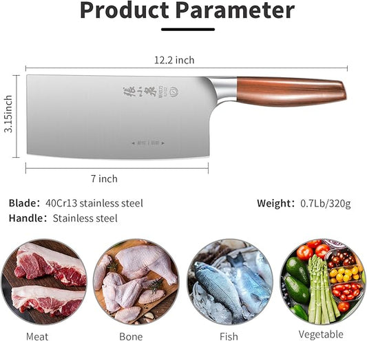 ZHANG XIAO QUAN SINCE 1628 7 "Cleaver Knife, 40Cr13 Meat Cleaver Chinese Chopper Slicing Knife with Stainless Steel Handle