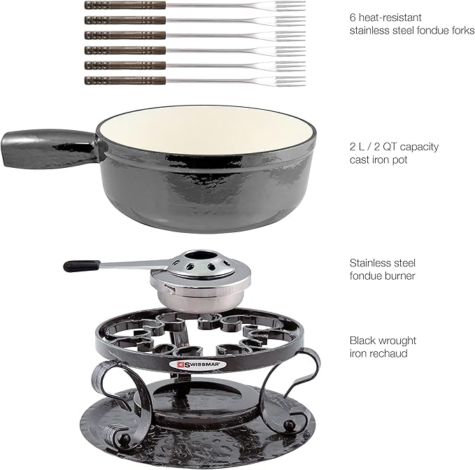 Swissmar Lugano 9 Piece Cast Iron Fondue Set - Metallic Black