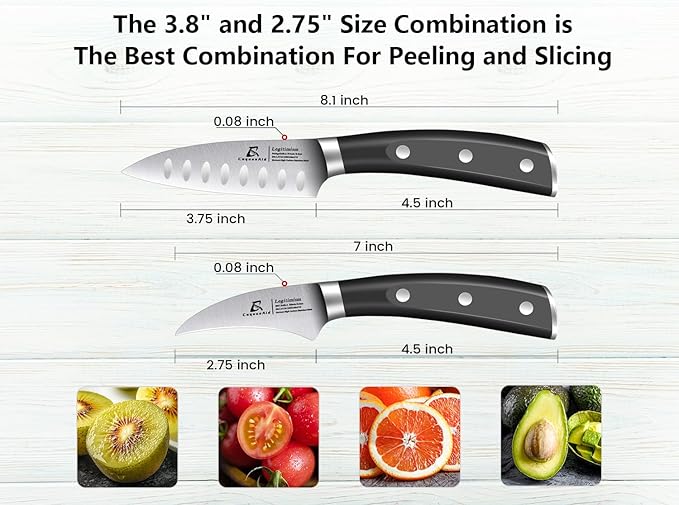 Paring Knife Set, 2PCS Small Kitchen Knives for Fruit, 3.8 Inch Fruit Knives and 2.75 Inch Bird Beak Peeling Knife, Premium Germany Stainless Steel Ergonomic Handle, Elegant Black Ideal for Gift