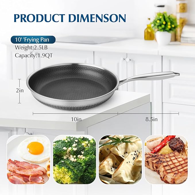 Skillets and Frying Pans NonStick with Lid, 10 inch Stainless Steel Non Stick Frying Pan Honeycomb for Kitchen Cookware - Dishwasher and Oven Safe Pan for Induction Gas Ceramic.