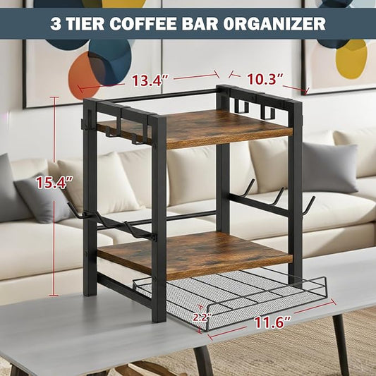 Coffee Bar Organizer,3 Tier K Cup Holder for Counter,Coffee Pod Drawer Holder with 12 Mug Hooks,K Cup Drawer Organizer for Syrup,Tea,Bean,Coffe Bar Accessories for Kitchen&Home Office