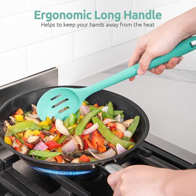 600ºF Heat Resistant Silicone Spoons: U-Taste 13.3in Solid & Slotted Kitchen Cooking Tool, Nonstick Long Rubber Utensil, Sturdy for Mixing, Serving, Stirring, Frying, Basting (Aqua Sky, 2PCS)