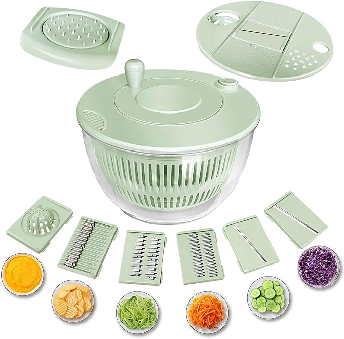 Airpro Salad Spinner Large, Vegetables Fruits Wash Bowl,Lettuce Spinner Pasta and Fries Dryer with 5 Blades,Egg Yolk Strainer Slicer Shredder for Kitchen Colander, 5.3 Qt, Green White