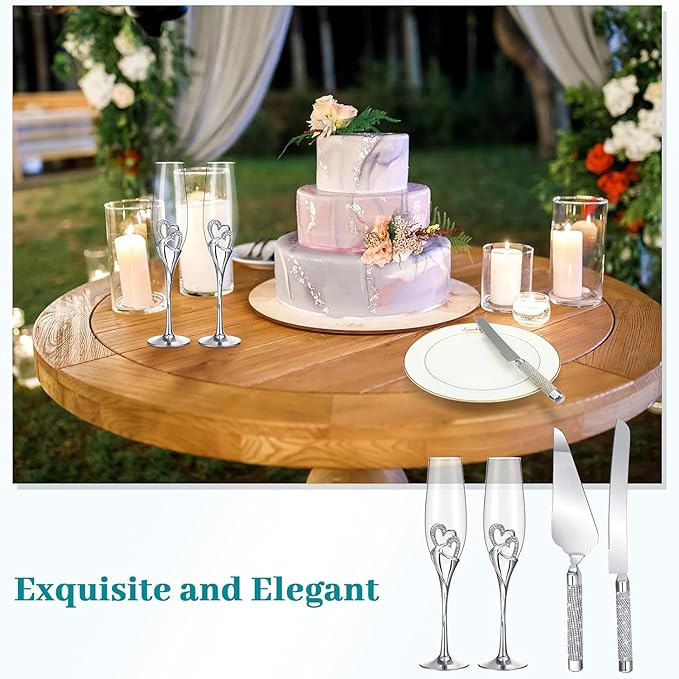 Elegant Wedding Champagne Flutes and Cake Knife Set, Features Rhinestone Rimmed Toasting Glasses and Cake Cutting Server for Couple’s Special Day (Silver)