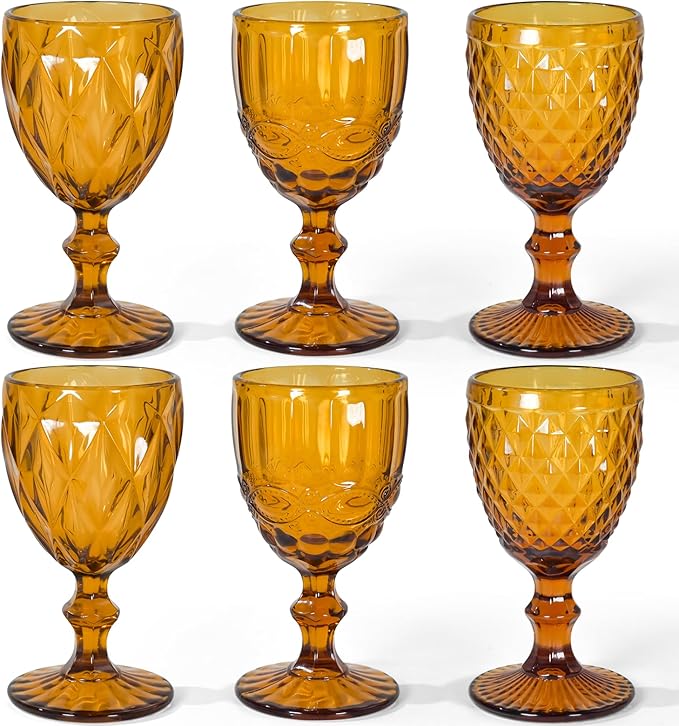 Vintage Wine Glasses Set of 6, 8 OZ Colored Glass Water Goblets, Embossed Floral Decorative Crystal Glass Cups Set, Dishwasher Safe, for Wedding, Party, Red Wine Glass, Bars, Restaurants