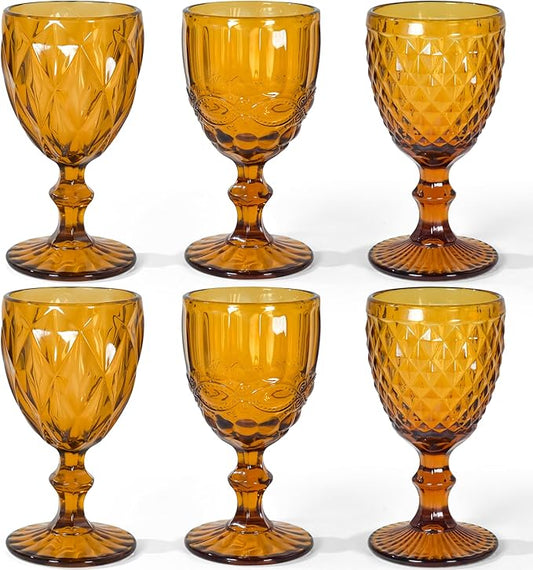 Vintage Wine Glasses Set of 6, 8 OZ Colored Glass Water Goblets, Embossed Floral Decorative Crystal Glass Cups Set, Dishwasher Safe, for Wedding, Party, Red Wine Glass, Bars, Restaurants