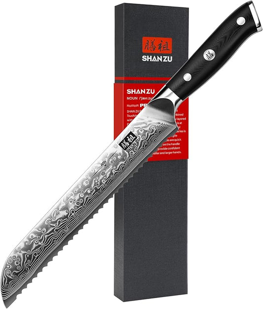 SHAN ZU Bread Knife 8 Inch Japanese Steel Damascus Serrated Knife Wave Edge, Professional Sharp 10Cr15Mov High Carbon Super Steel Cake Knife Bread Cutter with G10 Handle