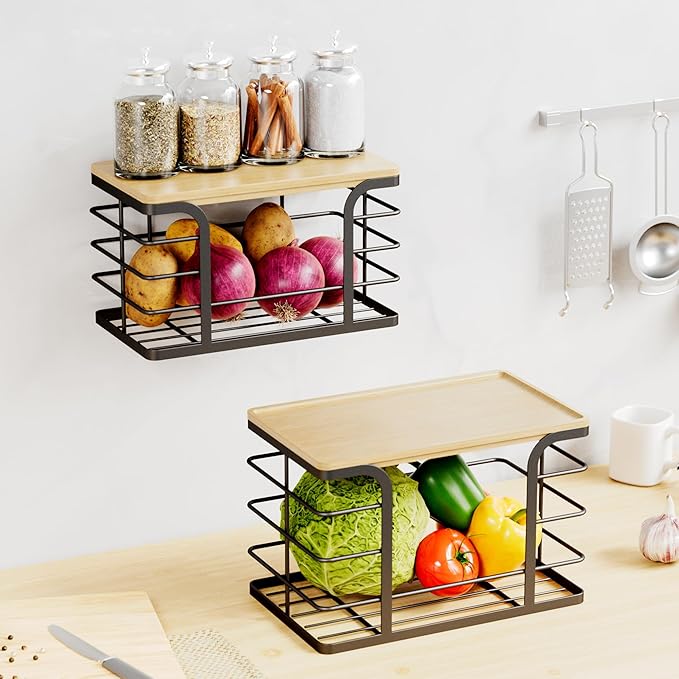 2 Pack Stackable Storage for Kitchen Laundry Pantry Organizers,Trash Bag Holder with Bamboo Top,Wall Mount Garbage Bag Dispenser,Black Large and Small