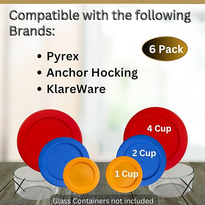 1, 2 & 4 Cup Orange, Blue, Red Replacement Lids/Covers for Pyrex, Anchor Hocking & KlareWare Storage Bowls *Lids Only Glass Container Not Included* (6 Pack *Two of Each Size*)