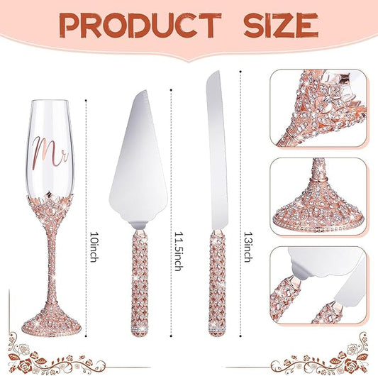 4-Piece Wedding Cake Knife and Champagne Flutes Set, Crystal Rhinestone Glasses and Cake Cutting Server for Bride and Groom Wedding Reception or Anniversary (Gold, Elegant Design) (Rose Gold)