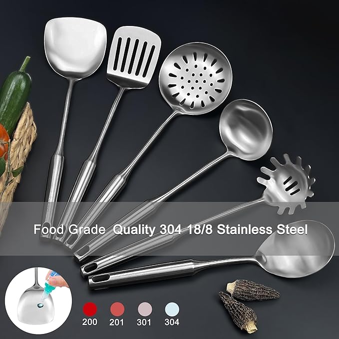 18/8 Stainless Steel Kitchen Utensils Set, 6 PCS 15in Metal Cooking Utensil Gadgets Tools Set with Spatula, Deep Ladle, spoon, Skimmer, Pasta Server, Slotted Spatula Turner, Dishwasher Safe (6Pack)