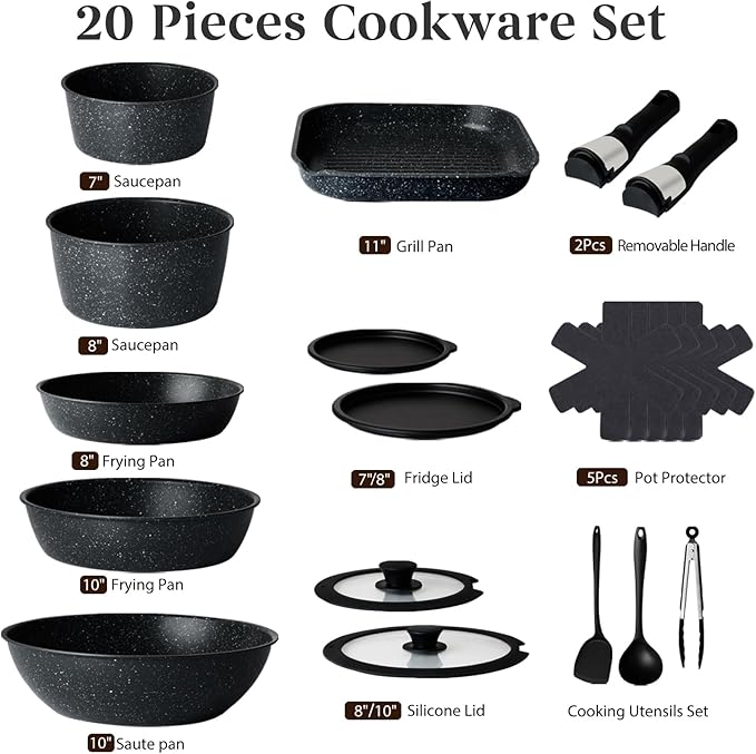 20 Pcs Pots and Pans Set Non Stick, Stackable Cookware Sets with Detachable Handle, Granite Induction RV Kitchen Portable Cooking Set Removable Handles, Dishwasher & Oven Safe, Black
