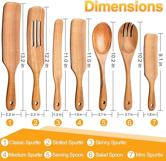 Spurtles Kitchen Tools Wooden, 7Pcs Wooden Spoons for Cooking, Natural Premium Spatula Set, Heat Resistant Cooking Utensil for Nonstick Cookware, Spurtle for Sourdough Starter