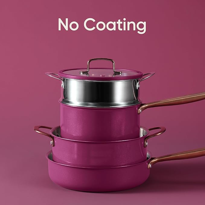 CAROTE 24pcs Tri-Ply Stainless Steel Cookware Set, Pots and Pans Set, Non Toxic Induction Kitchen Cooking Sets, Cookware Collection, Outer Ceramic Layer, Violet Purple