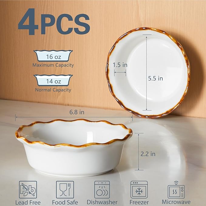 ONEMORE Mini Pie Pans, 6.8 inch Ceramic Pie Dish for Baking Nonstick Small Pie Pans Deep Dish Pie Plates Mini Tart Pans, Ideal for Chicken Pot Pie & Desserts, Individual Pot Pie Baking Dishes Set of 4