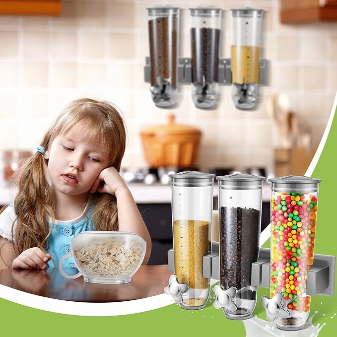 Umigy 1 Pcs Candy Dispenser Wall Mounted, Triple Dry Cereal Grain Dispenser Machine Wall Mount, Food Storage Container for Pantry Snack with 3 Cup for Kitchen, 39 oz (Gray)