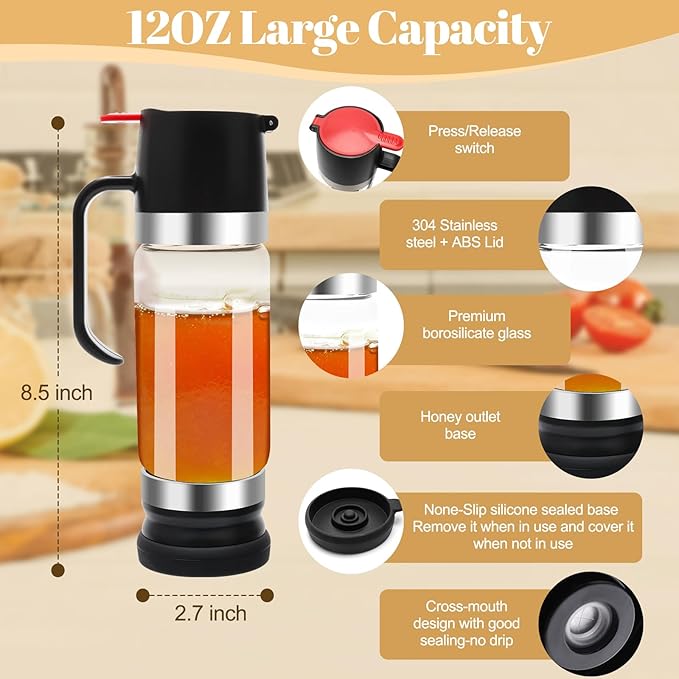 12 OZ Honey Dispenser No Drip with Stand,Extra Large Glass Syrup Dispenser with Clean Brush and Cloth, Easy One Hand Use Honey Jar Pot for Coffee Bar,Tea,Glass Syrup-Black
