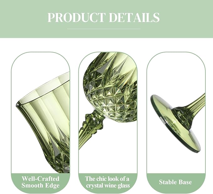 XUWAIDSGN 7oz Plastic Vintage Wine Glasses Drinking Glasses Unbreakable Wedding Glassware Crystal Water Goblets Reusable Drinkware Vintage Champagne Flutes (100, Dark Green)