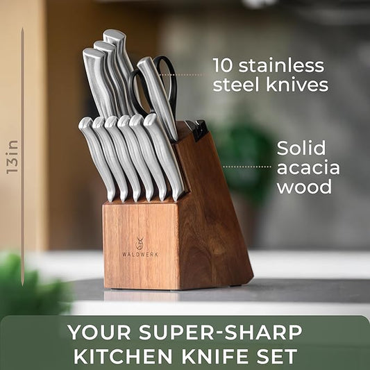 WALDWERK Knife Set - 11pcs Kitchen Knife Set with Block and Integrated Sharpener - Kitchen Knife Set - Knife Block Set - Kitchen Knifes - Knives Set for Kitchen