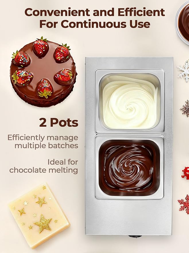 Chocolate Tempering Machine, 2 Tanks Chocolate Melting Pot, 86~185℉ Chocolate Warmer, 1000w Commercial Chocolate Melting Machine, Stainless Steel Electric Commercial Food Warmer For Milk Coffee Cheese