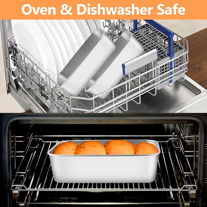 4 Pack Loaf Pans, 9 × 6 Inch Stainless Steel Loaf Bread Pans, Meatloaf Baking Bread Tin, Loaf Pan for Bakings, Oven & Dishwasher Safe, Loafs Baking Pan for Homemade Meatloaf Cake Brownies