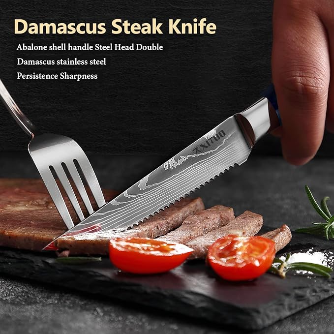 Serrated Steak Knife Set - 6pcs Premium 4.5 inch Kitchen Cutting Steak Knives, German Stainless Steel KnifeTable Dinner Knife with Blue Resin Handle for Home Restaurant, Gift Box