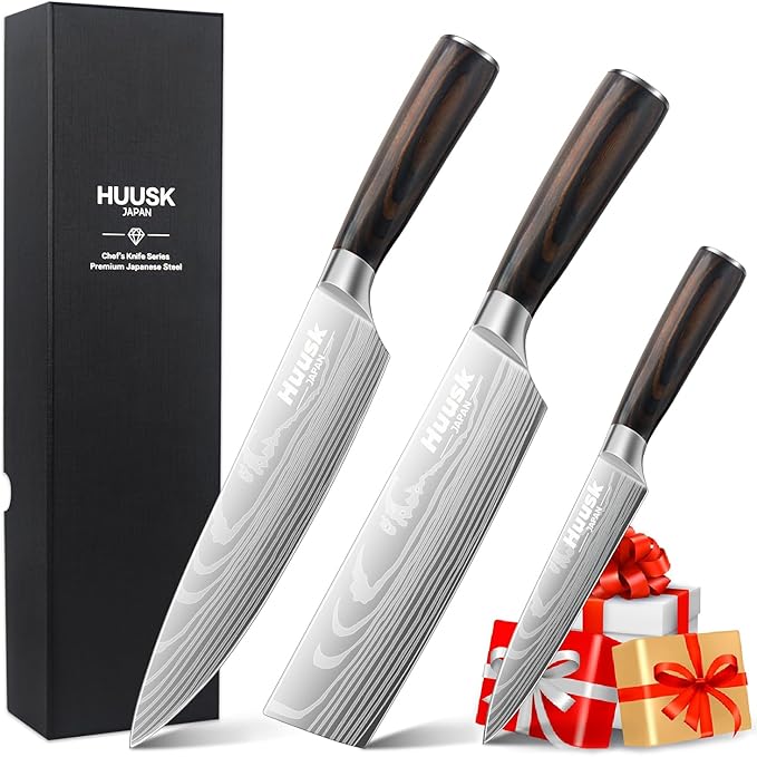 Huusk Chef Knife Set Japanese, Professional Kitchen Knife Set, Ultra Sharp Cooking Knives Sets with Wood Handle for Home, Outdoor Camping BBQ, Gift Idea Men