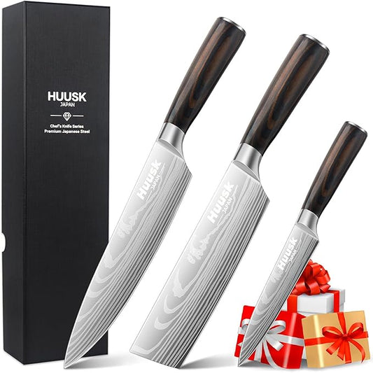 Huusk Chef Knife Set Japanese, Professional Kitchen Knife Set, Ultra Sharp Cooking Knives Sets with Wood Handle for Home, Outdoor Camping BBQ, Gift Idea Men