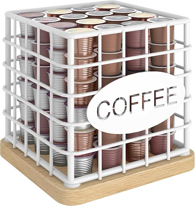 Coffee Pod Holder Organizer, Large Capacity Coffee Pod Basket for K Cup, Coffee Capsule Storage Basket with Wooden Base, Space Saving, for Kitchen Countertop, White and Natural KH10WN