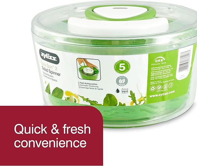 Zyliss Easy Spin 2 AquaVent Large Salad Spinner - Salad Spinner with Pull Cord - Salad Bowl for 4 to 6 Servings - Manual Vegetable and Fruit Dryer - Vegetable Spinner with Brake - Green, Large
