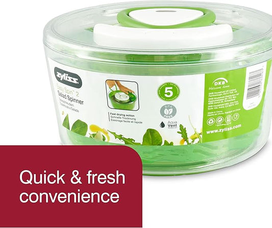 Zyliss Easy Spin 2 AquaVent Large Salad Spinner - Salad Spinner with Pull Cord - Salad Bowl for 4 to 6 Servings - Manual Vegetable and Fruit Dryer - Vegetable Spinner with Brake - Green, Large