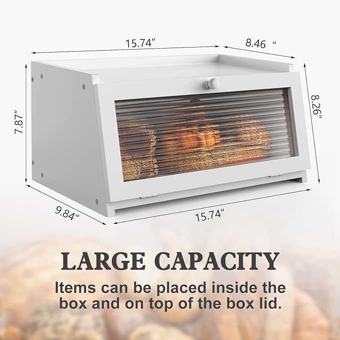 Bread Box for Kitchen Countertop Large Farmhouse Bread Container Bread Storage with Window Wooden Bread Holder White