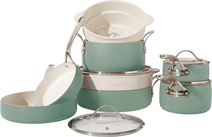 Bloomhouse 12 Piece Aluminum Pots and Pans Cookware Set w/Non-toxic Ceramic Non-stick, Ceramic Steamer Insert, & 12 Protective Care Bags - Sage Green