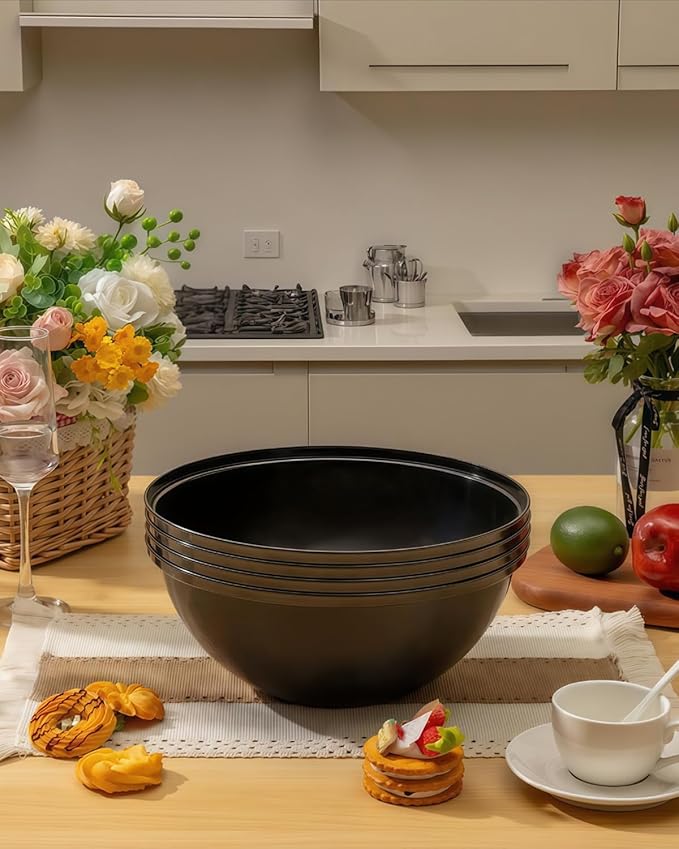 BESTVIP 150oz 4 Pack Black Plastic Serving Bowls for Party, Disposable 11.6" Large Salads Container for Snacks, Chips, Meal Prep, Stackable Candy Dishes for Halloween, Christmas, Holiday, Reusable