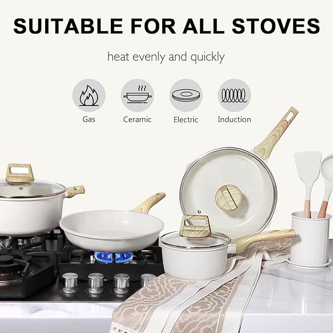 GiPP Ceramic Non Stick Pots and Pans Set - 18 Pcs Nonstick Cookware Set, Non-toxic Healthy Kitchen Cooking Set w/Frying Pans Set, Dishwasher Safe, PFAS PTFE PFOA PFOS Free, White