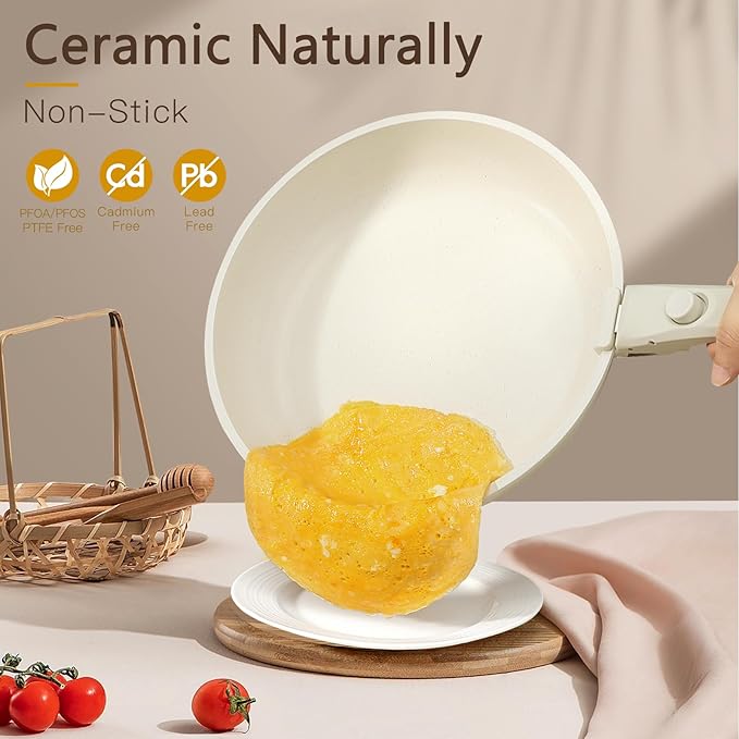 GiPP Ceramic Pots and Pans Set Non Stick, Nonstick Detachable Handle Cookware Sets, Healthy Non Toxic PFAS PFOA & PTFE Free, Dishwasher &Oven Safe, Induction Kitchen Pot and Pan, 15 Piece Cream