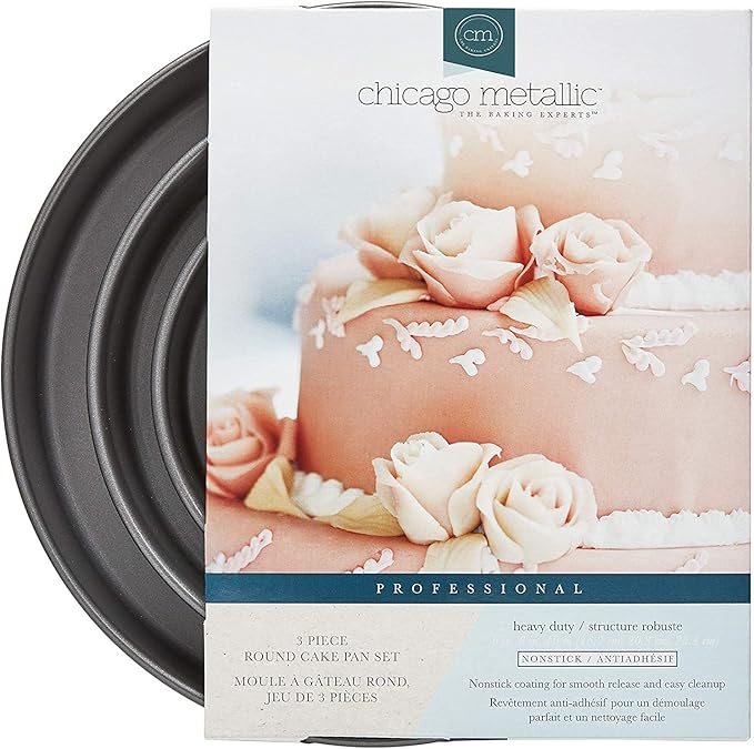 Chicago Metallic Professional 3-Piece Round Cake Pan Set of 6, 8, 10 inch Premium Nonstick Bakeware, Heavy-Weight Carbon Steel for Even Baking, Perfect for Layer Cakes