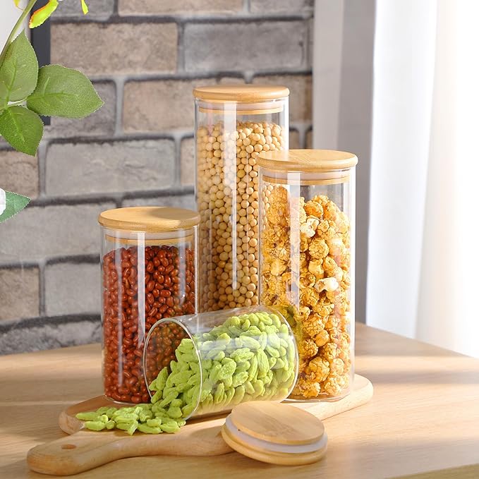 24 Pcs Glass Storage Jars with Wooden Lids, 4 Sizes Food Storage Containers Clear Stackable Canisters Airtight Glass Jars for Candy Cookie, 3.4''x4'', 6'', 7.9'', 9.8''