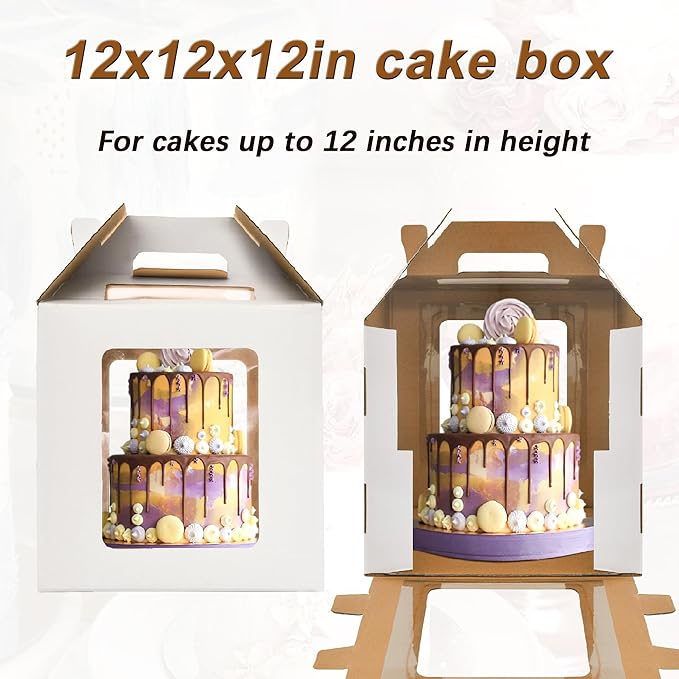 2 Pack Tall Cake Boxes for Tier Cakes,12 x12x12 Inches Large Tiered Cake Carriers with Windows,10in 12in Disposable Layer Tall Baking boxes with Handle,Durable Large cake box